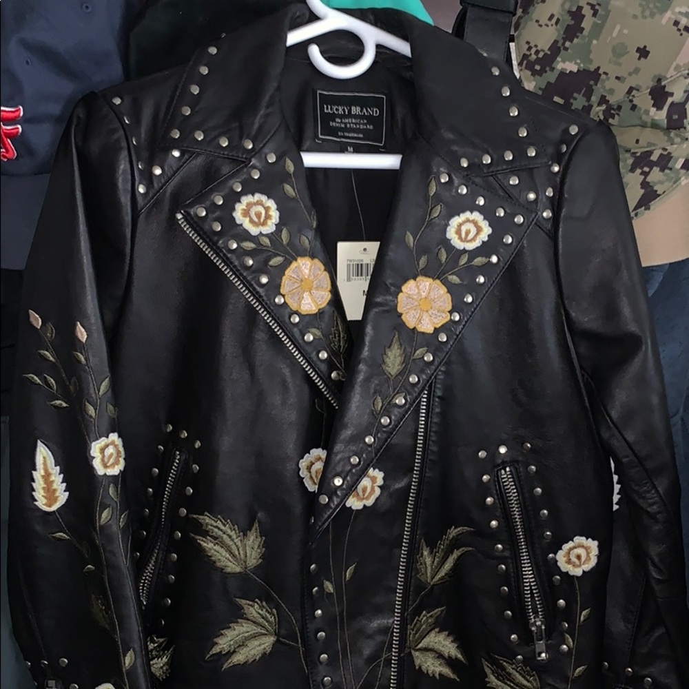 Lucky Brand Leather embroidered jacket Medium NWT